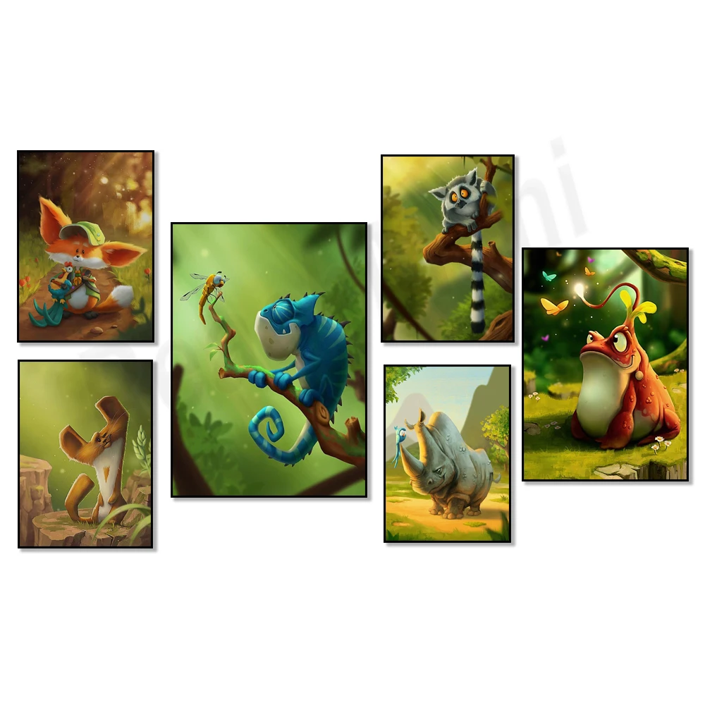 

Cartoon stoat, crocodile, therizinosaur, tyrannosaurus rex, ring-tailed fox, rhinoceros, chameleon animal jungle poster print