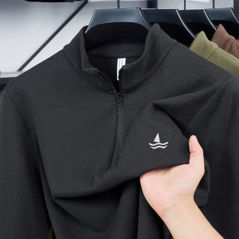 

High end brand men's stand up collar half zipper pullover autumn new fashion luxury exquisite embroidery top warm casual T-shirt