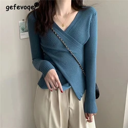 Women Korean Fashion V Neck Cross Asymmetrical Design Knitted Sweater Autumn Winter Solid Long Sleeve Slim Pullover Tops Jumpers