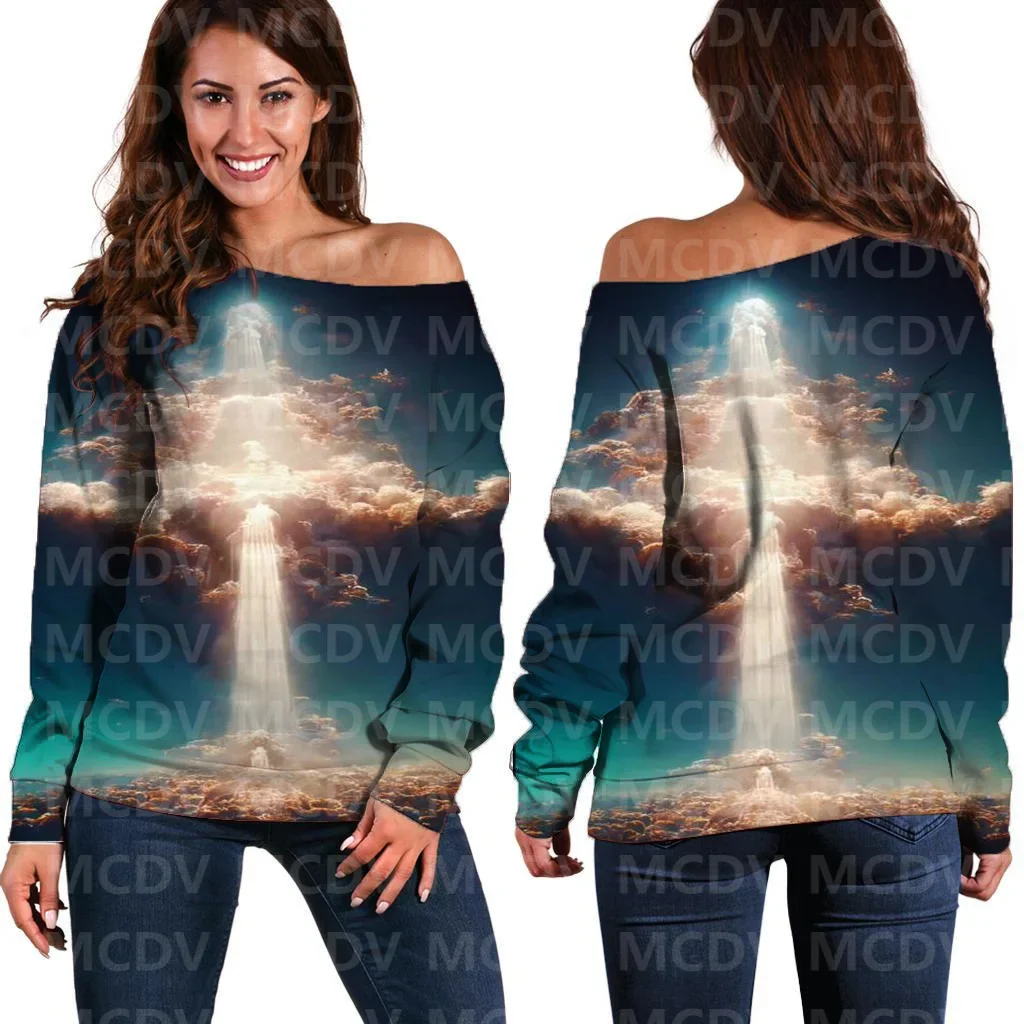 

Women's Off Shoulder Sweater Jesus 3D Printed Women Casual Long Sleeve Sweater Pullover