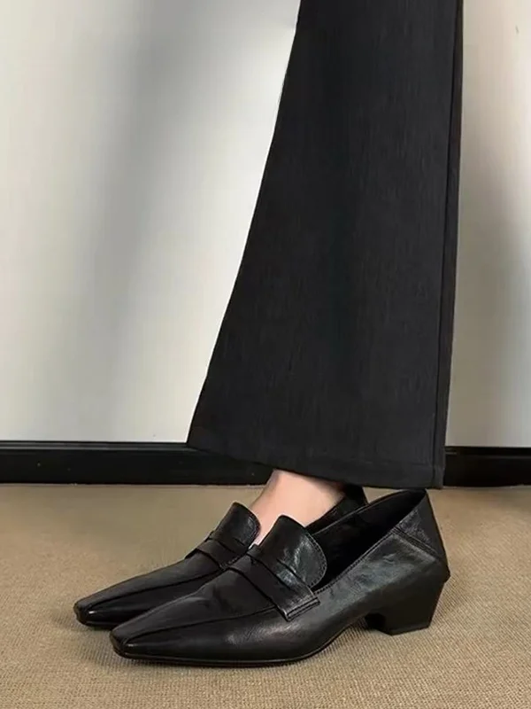 

Leather Version Retro British Style Genuine Leather Loafers Women's Slip-On Square Head Thick Heel Commute Versatile Single S...