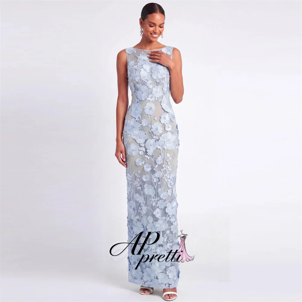 AP pretti Elegant Sky Blue Applique Straight Evening Gown Dress O-Neck Back Zipper Party Dress Customized Prom Gown 2026
