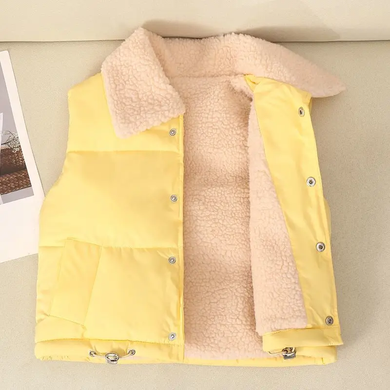 

Autumn Winter Children Down Cotton Vest Velvet Thicken Boys Girls Warm Vest Solid Color Fashion Wearing Outside Baby Collar Vest