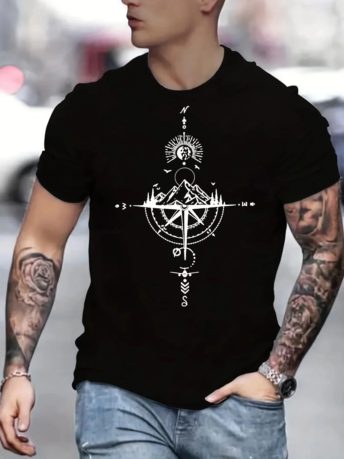 

Men's summer fashionable casual sports loose mountain and compass pattern printed round neck short sleeved T-shirt