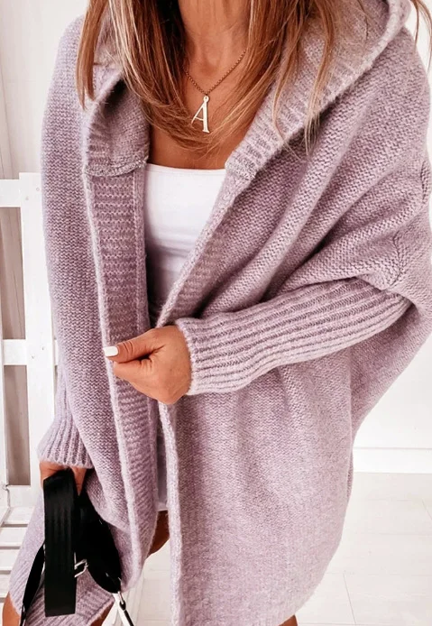 

Women's Hooded Knit Sweater with Collar Temperament Commuting Bat Shaped Soft and Loose Back Patchwork Sweater Casual Sweater