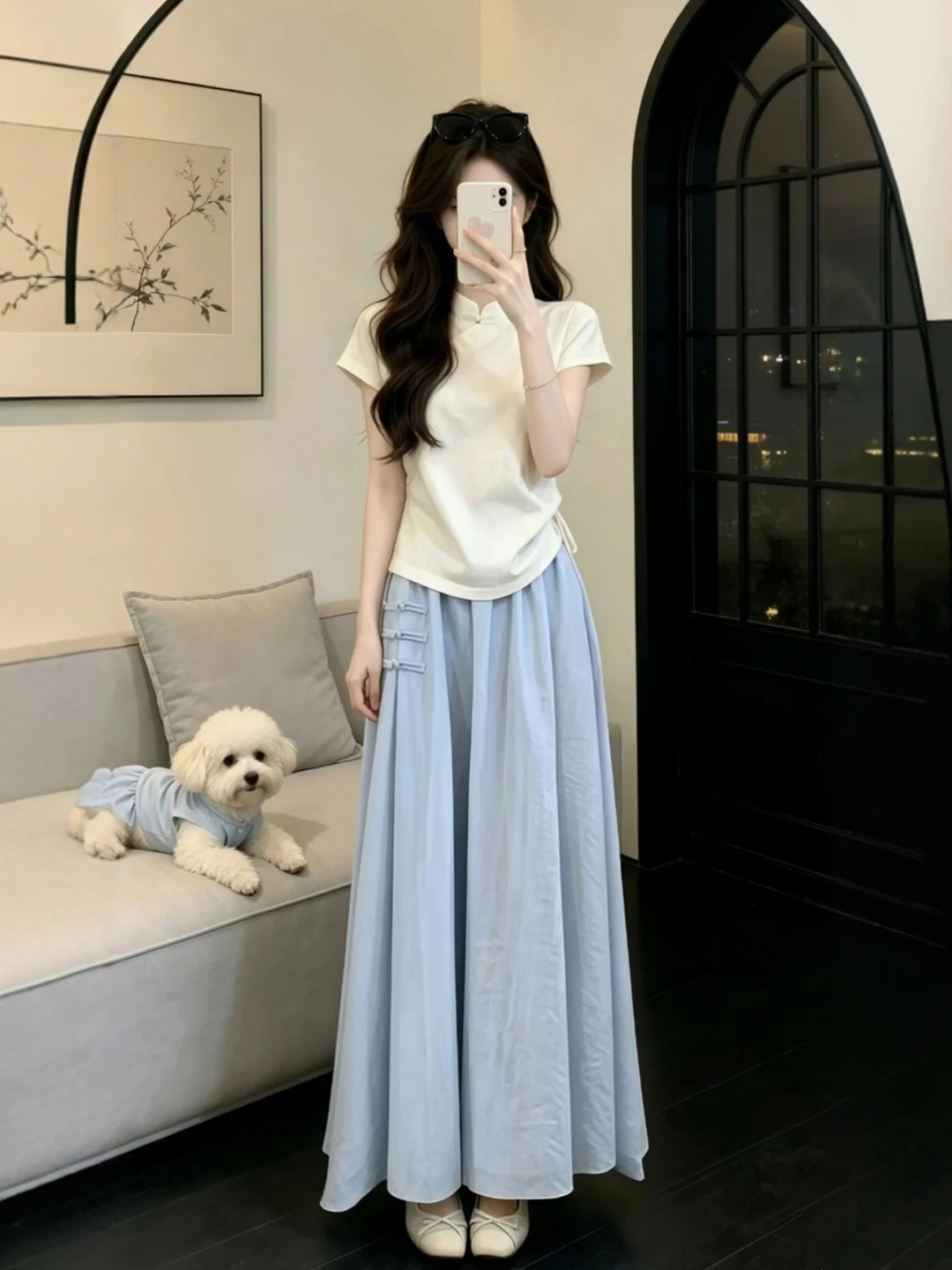 

Unique Beautiful Large Size Women's Fashion Set with Stand Collar Drawstring Short Top Half Skirt for Early Summer Chinese Style