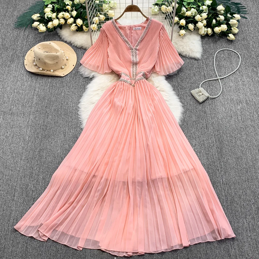 UNI 2025, Sommer Kristall Lose Kurzarm Maxi Plissee Chiffon Kleid Für Frauen Elegante Prom Abend Party Lange Kleider Dame