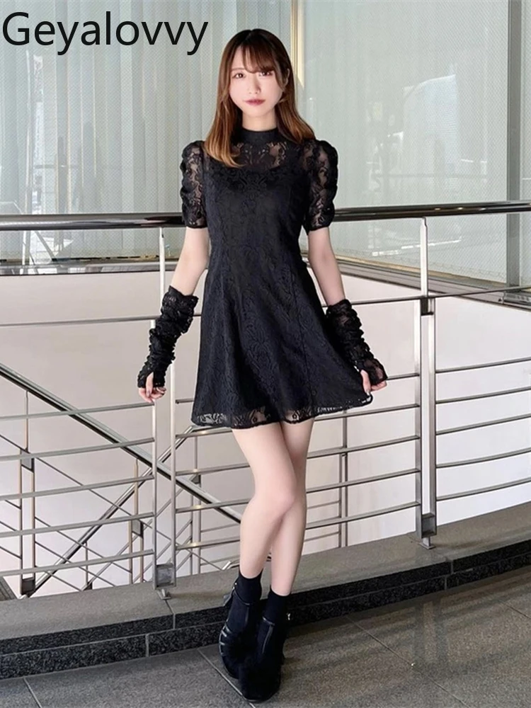 

Милое крутое стильное кружевное платье трапециевидной формы со съемными рукавами, летнее черное платье с воротником-стойкой и высокой талией, облегающие платья с пышными рукавами