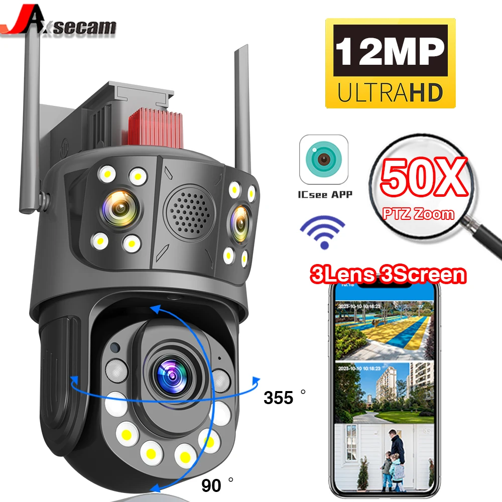 

12MP 50X Optical Zoom ICess 6K WiFi Security IPCamera3 Lenses Waterproof Remote Access PTZ Outdoor CCTV Surveillance Camera