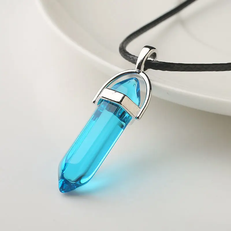 Collar con colgante de piedra natural para mujer y niña, regalo, joyería puntiaguda de cuero PU con forma de pilar hexagonal