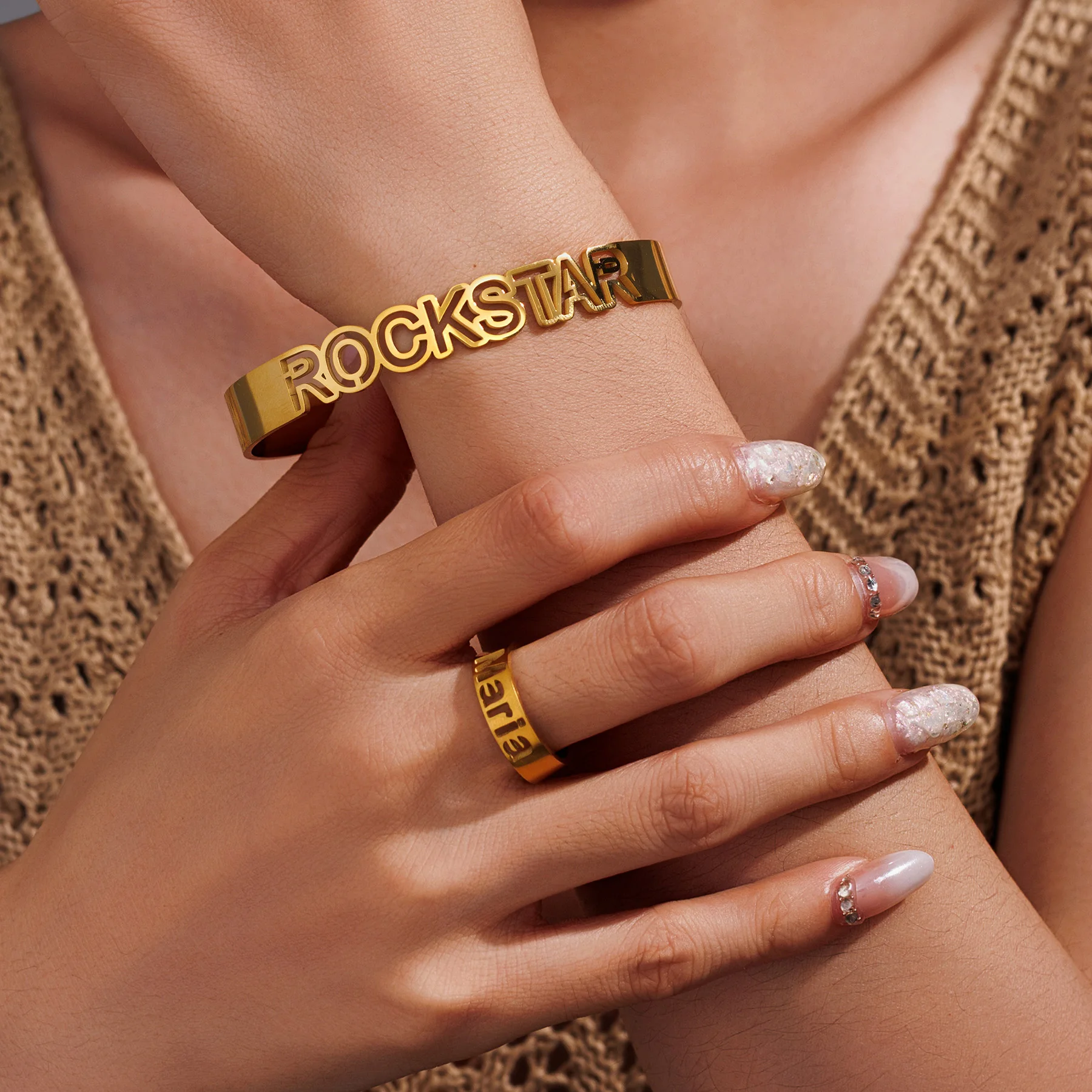 Diamon Customized Hollow Name Ring Bangle Set Stainless Steel Back Open Adjustable Gold Jewelry Cuff Bracelet for Women Gift view 5