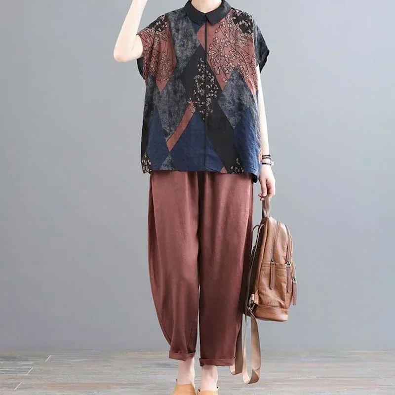 Set Celana Kasual Pop Kaus Kerah Polo Lengan Pendek Linen Katun Longgar dan Celana Harem Pakaian Wanita Set Dua Potong Fashion Korea