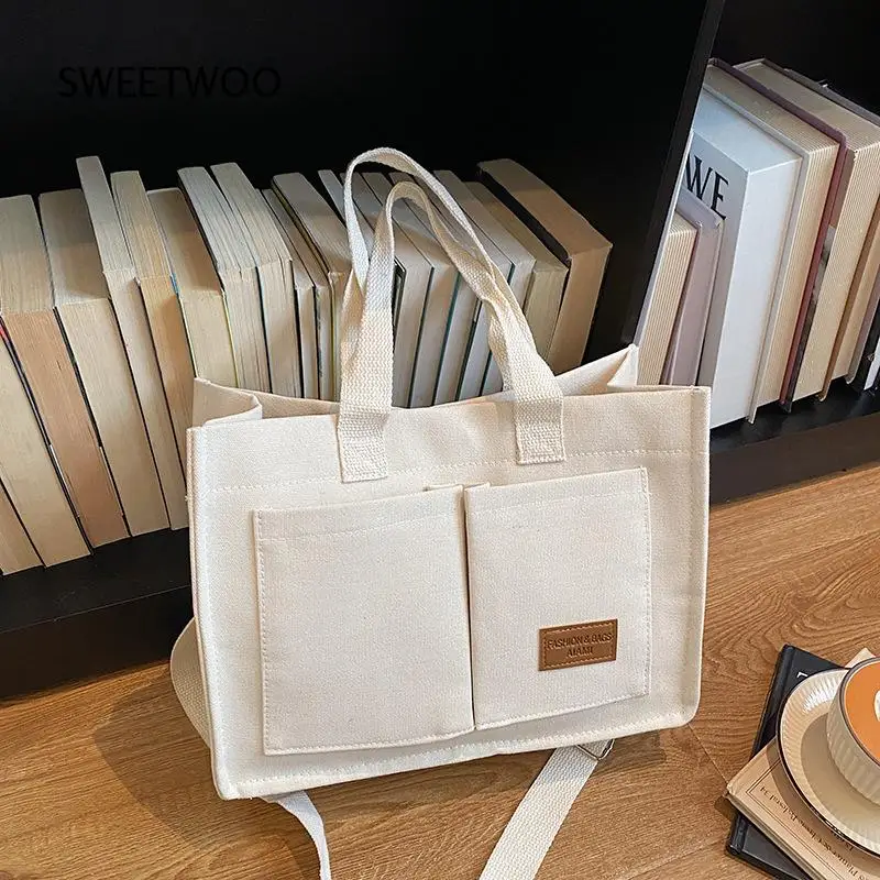 Beige Canvas Tote Bag Double Front Pockets Leather Label Large Capacity Top Handle Removable Crossbody Strap