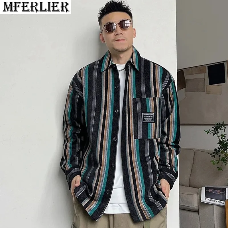 

spring autumn men shirts striped long sleeve plus size vintage korea style patchwork casual hip hop shirts fashion chic young 54