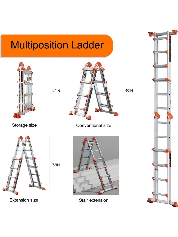 Ein Rahmen, 4-Stufen-Leiterverlängerung, 35,6 m, rutschfest, mit mehreren Positionen, zusammenklappbar, 330 lbs, Sicherheitslast, teleskopierbare Aluminiumleitern