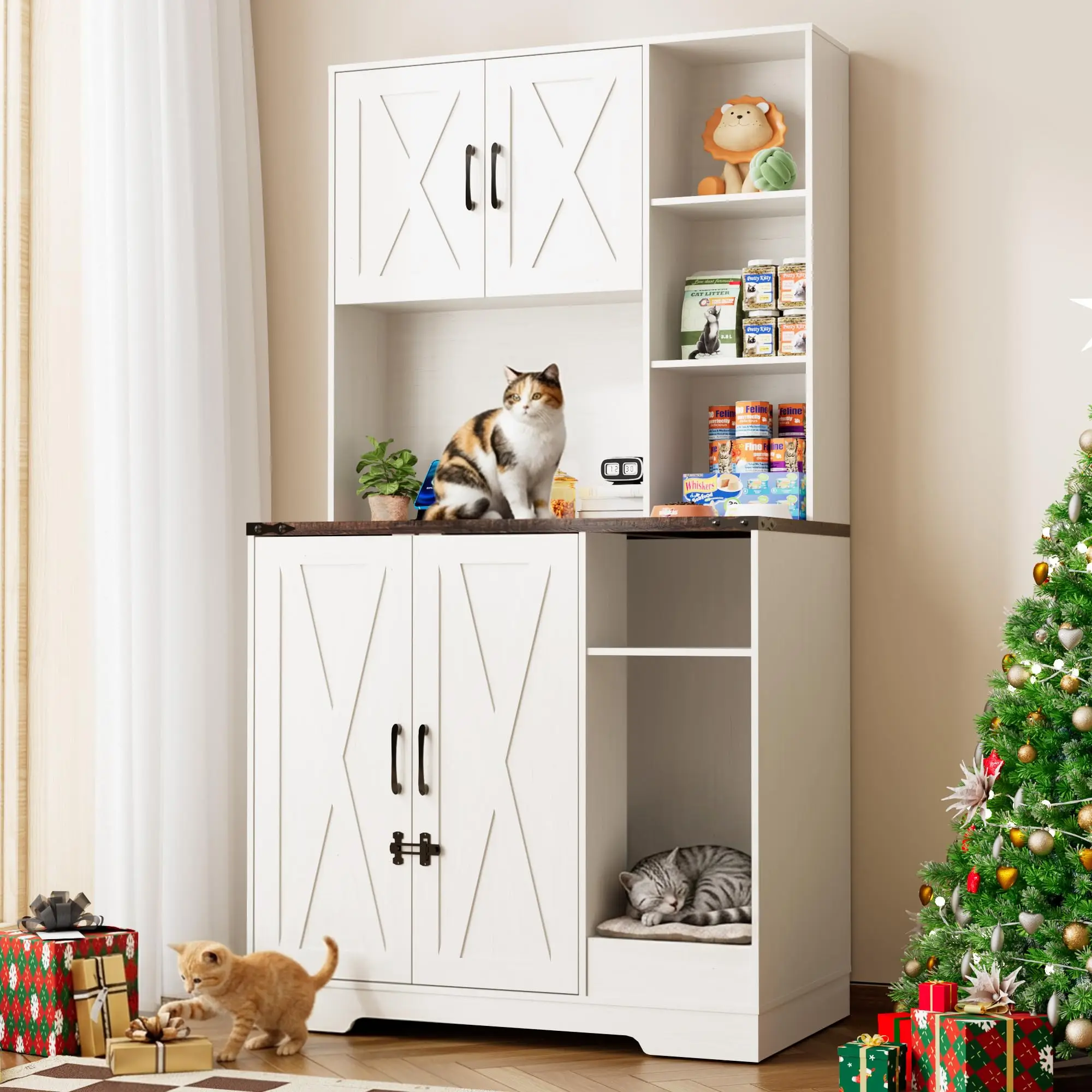 71Inches Tall Cat Litter Box Enclosure for Cats W/Power Outlets,Open Shelves.Wooden Pet Washroom Furniture
