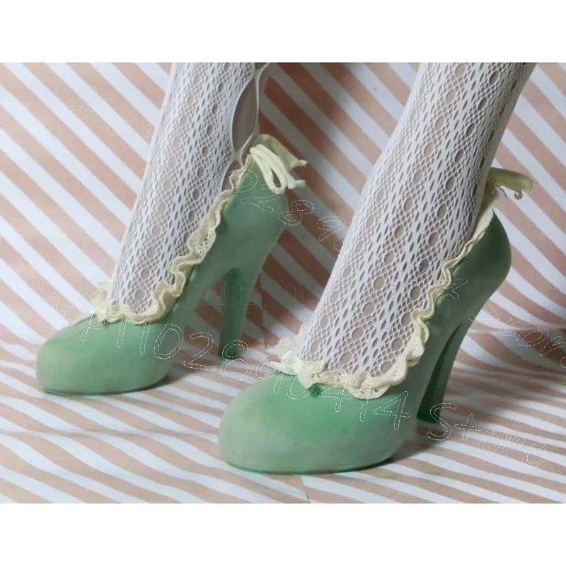 Falbala Design Green Corduroy Round Toe Pumps Slip On Women Shoes Thin High Heels Party Feast Dating 2026 Zapatos Para Mujere
