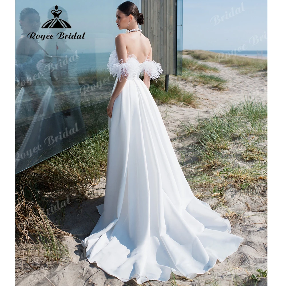 Roycebridal Off The Shoulder Feather Satin Wedding Dress Sweetheart Neck A Line Bridal Gown With Slit For Beach Wedding Customiz