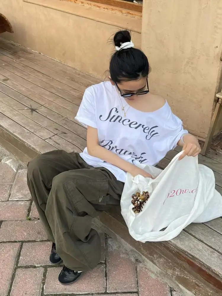 Yedinas White Off Shoulder Print T Shirt Women Clothes Short Sleeve Korean Fashion Streetwear Loose Cotton Summer Tops Y2k Tees
