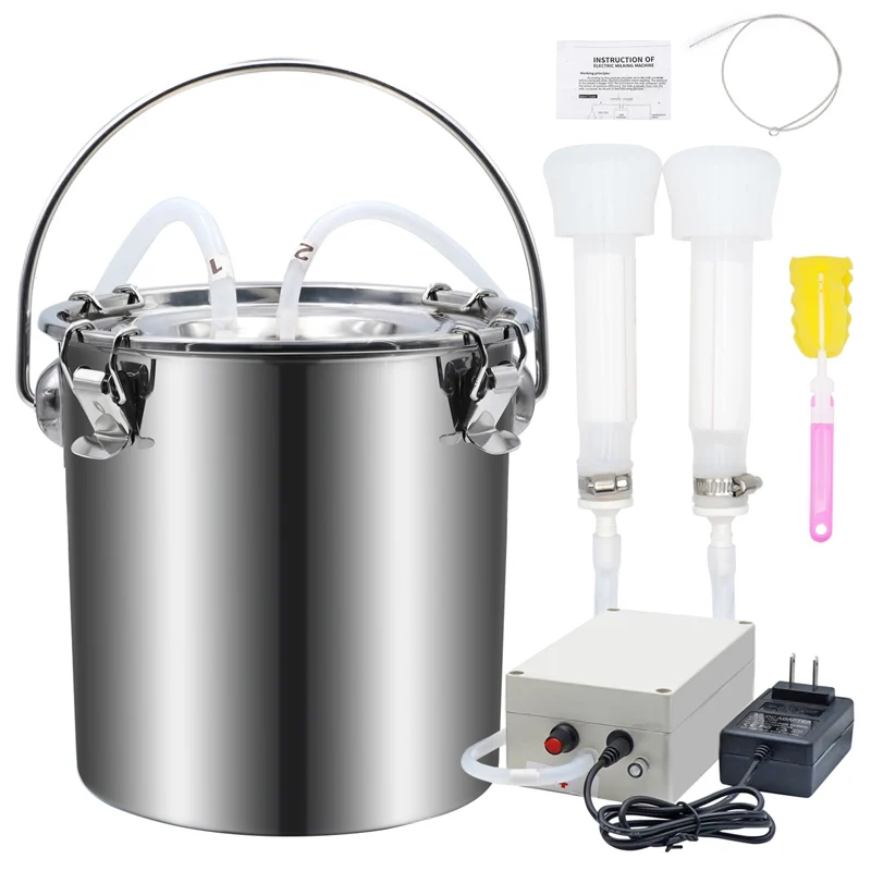 New 5L Milking Machine 220V Cattle Goat Electric & Pulsating Milking Machine Stainless Steel Milker Bucket Vacuum Pump Suction