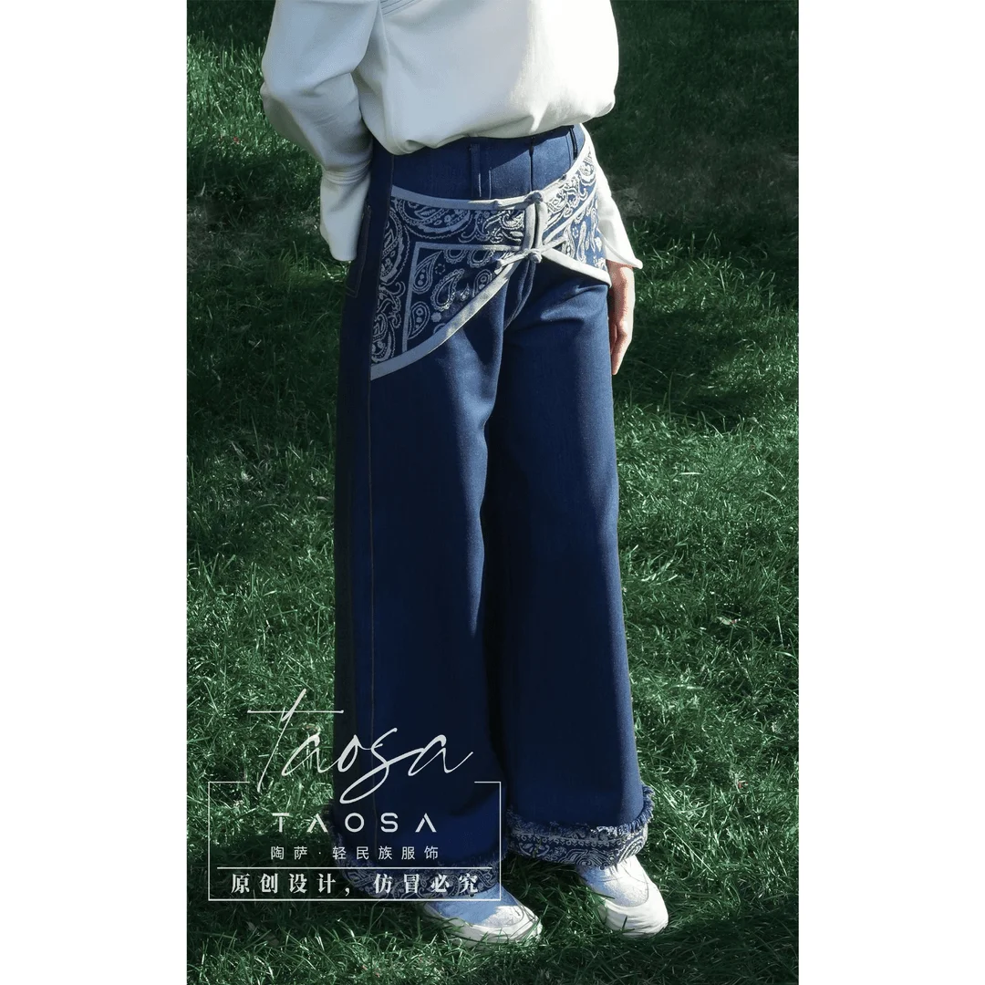 

Ethnic Embroidered Wide-Leg Jeans Washed Soft Denim Comfortable Fit High Waist Straight Leg Blue Jeans