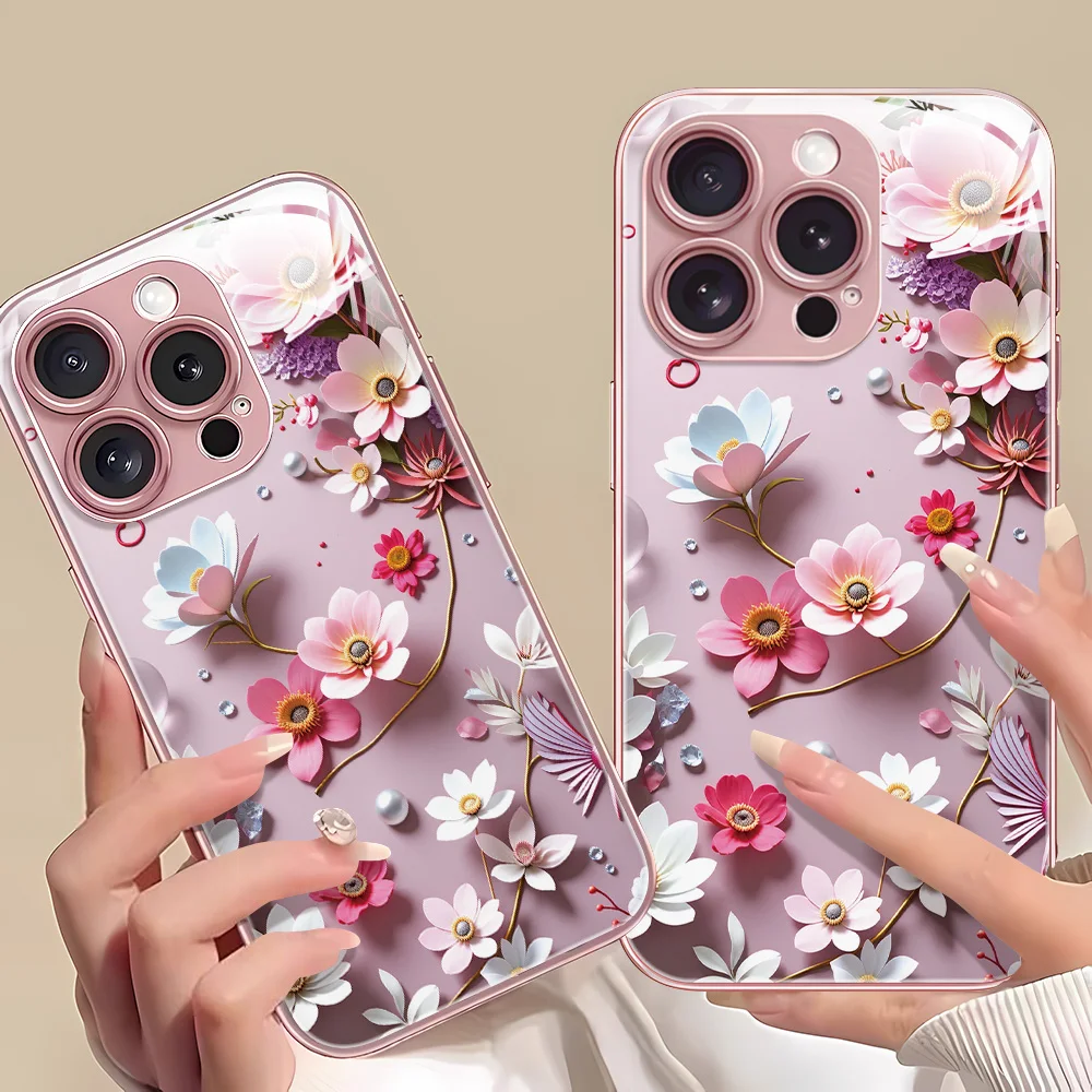 Tempered Glass Multicolored Flowers Phone Case For iPhone 17 Pro Max 16 17 15 14 13 12 11 14 ProMax Case Cover Shockproof Luxury