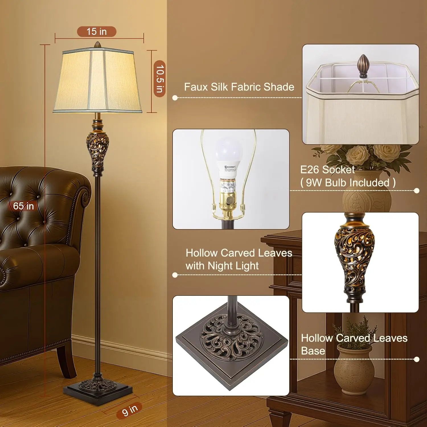 Vintage vloerlamp 65' retro staande lamp met bruine afwerking en beige kunstzijde kap, boerderij industriële hoge lamp voor