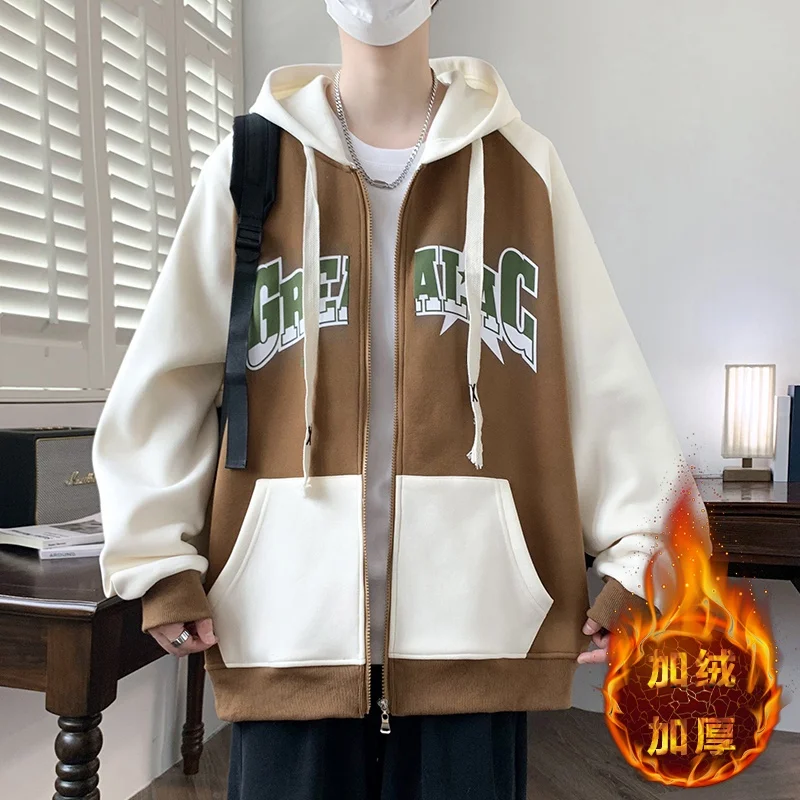 

Утепленная мужская бейсбольная куртка из флиса, осенне-зимняя теплая одежда, повседневная толстовка с капюшоном, модная молодежная хлопковая куртка
