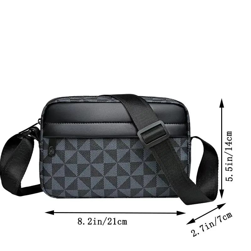 Men's Casual Business Shoulder Bag, Leather Crossbody Bag, Wide Shoulder Strap Crossbody Bag, Square Grid Design