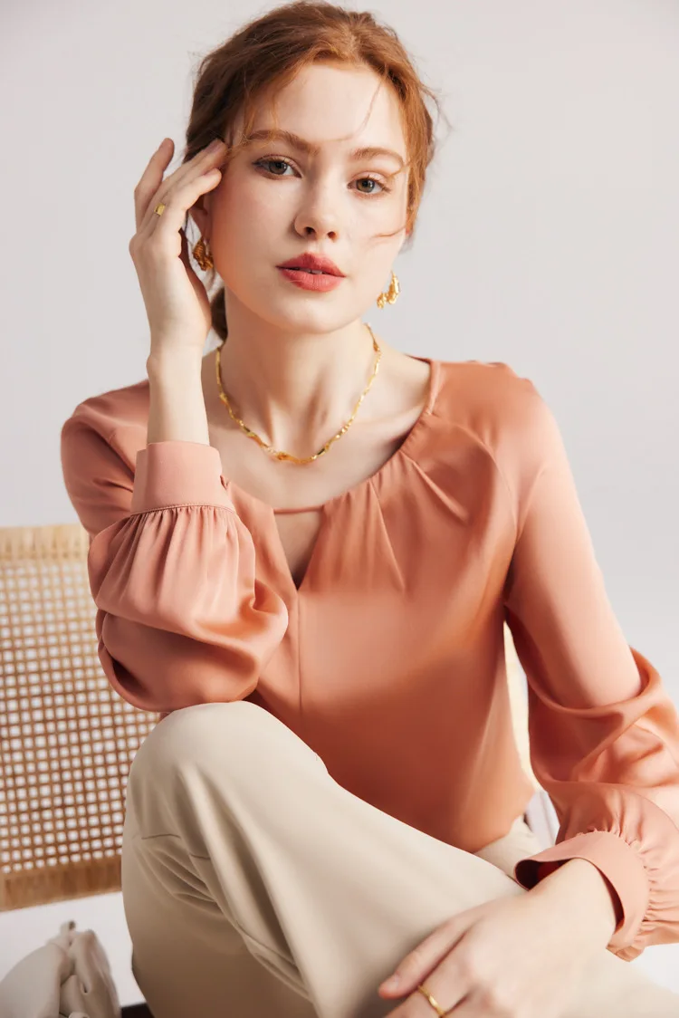 90% Natural Silk 10% Spandex Women's Blouse O Neck Long Sleeves Sexy Keyhole Fashion Blouse Tops