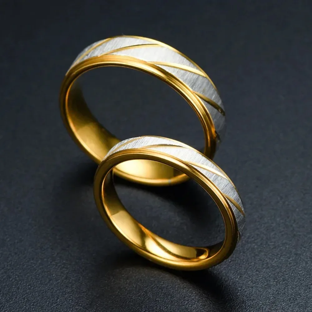 Gold Tone Stainless Steel Wave Pattern Couple Rings, Titanium Steel Wedding Engagement Promise Rings Jewelry Gifts for Lovers