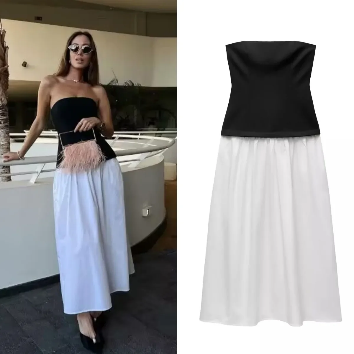 

Pop Women's Spring Collection Elegant Fashion Party Dress Color Contrast Patchwork Sexy Strapless Dress