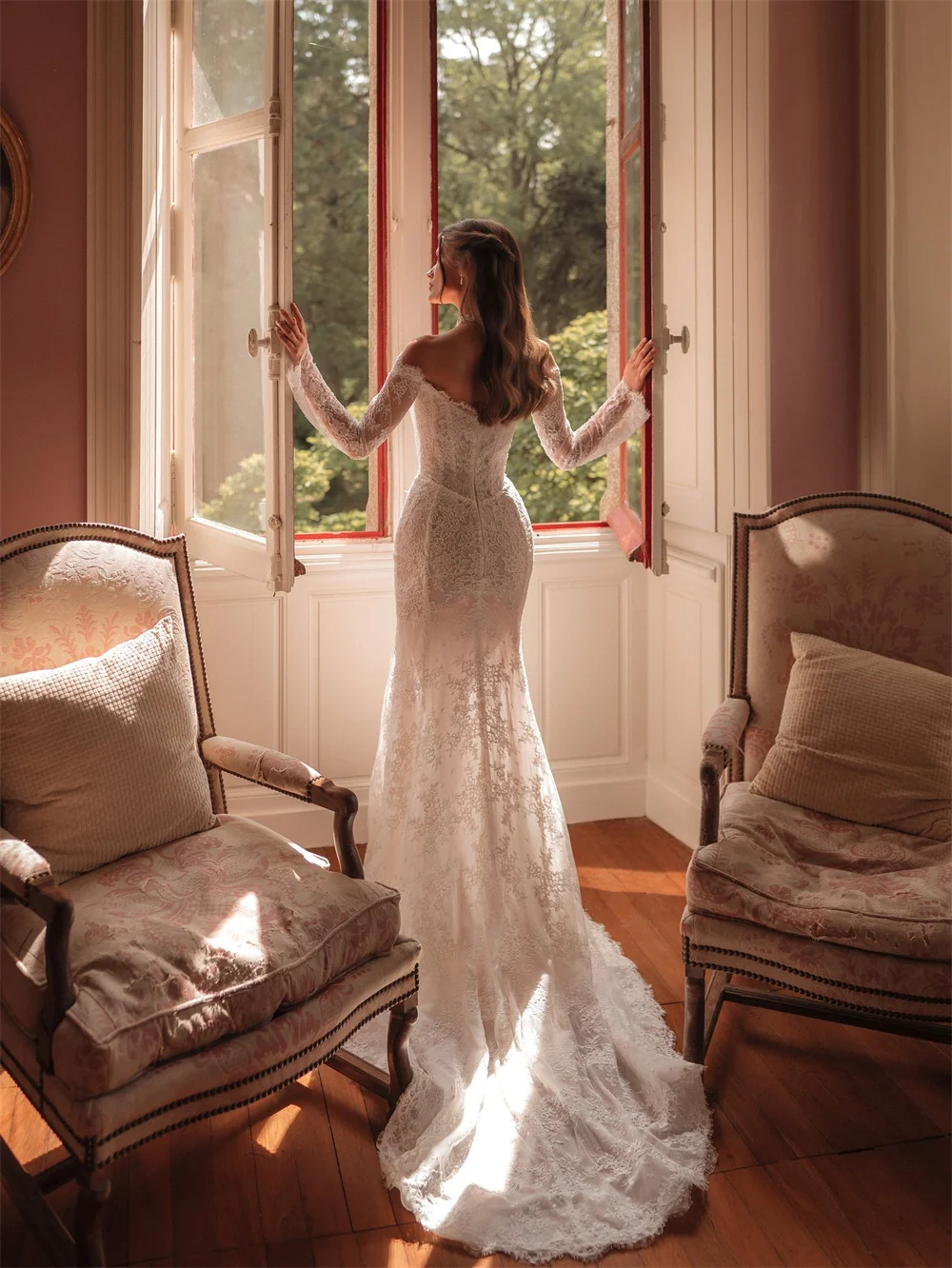 京都カスタマイズされたアイボリーの絶妙なレースマーメイドウェディングドレスオフショルダーロングスリーブvestidos de nocheコートトレインフォーマル