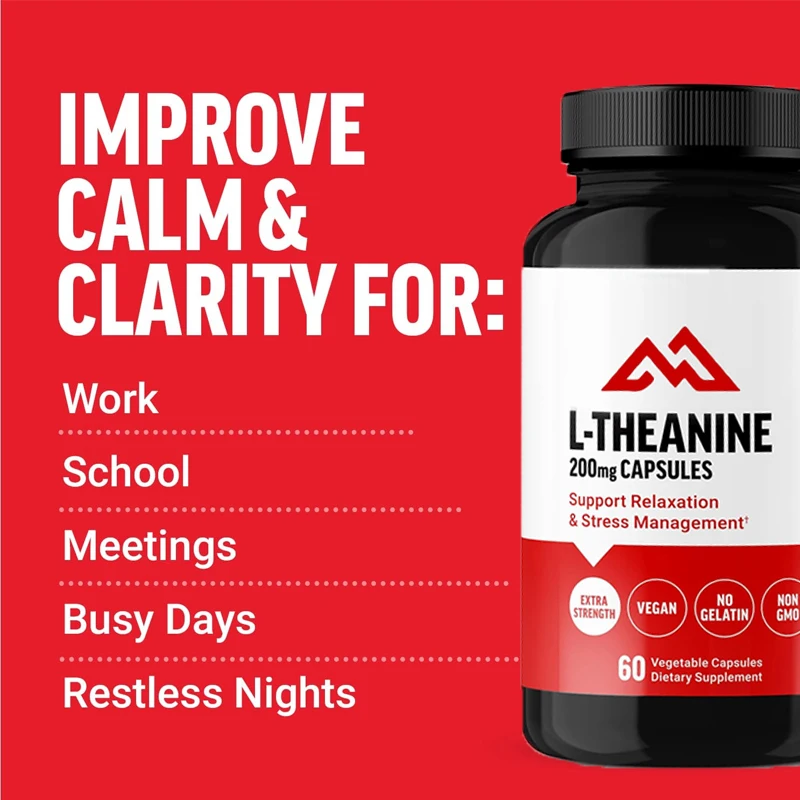 L-theanine supplement, relieves stress, supports calmness and relaxation, 60 vegetable capsules, non genetically modified