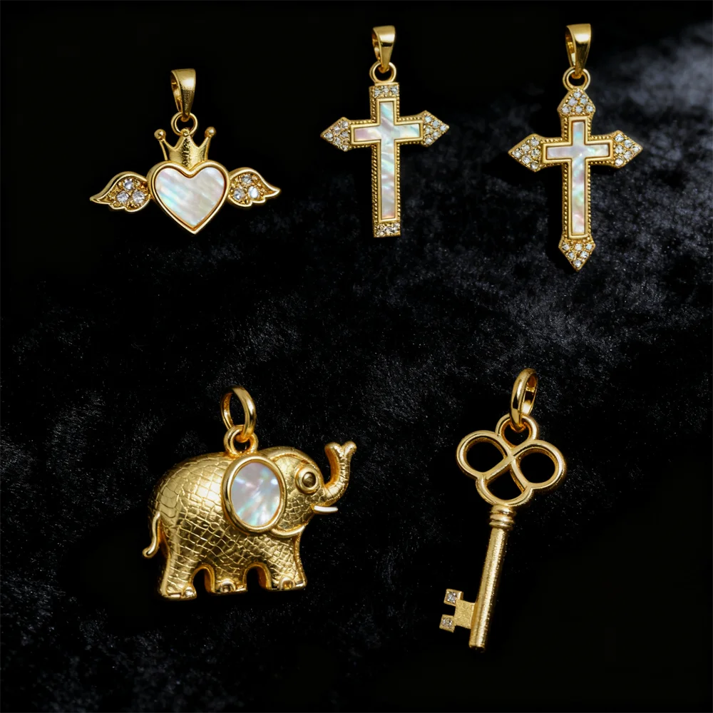 

4Pcs Shell Pendant for DIY Jewelry Charm Making Necklace Bracelet Accessories Brass Zircon Parts Heart Key Cross Elephant Charm