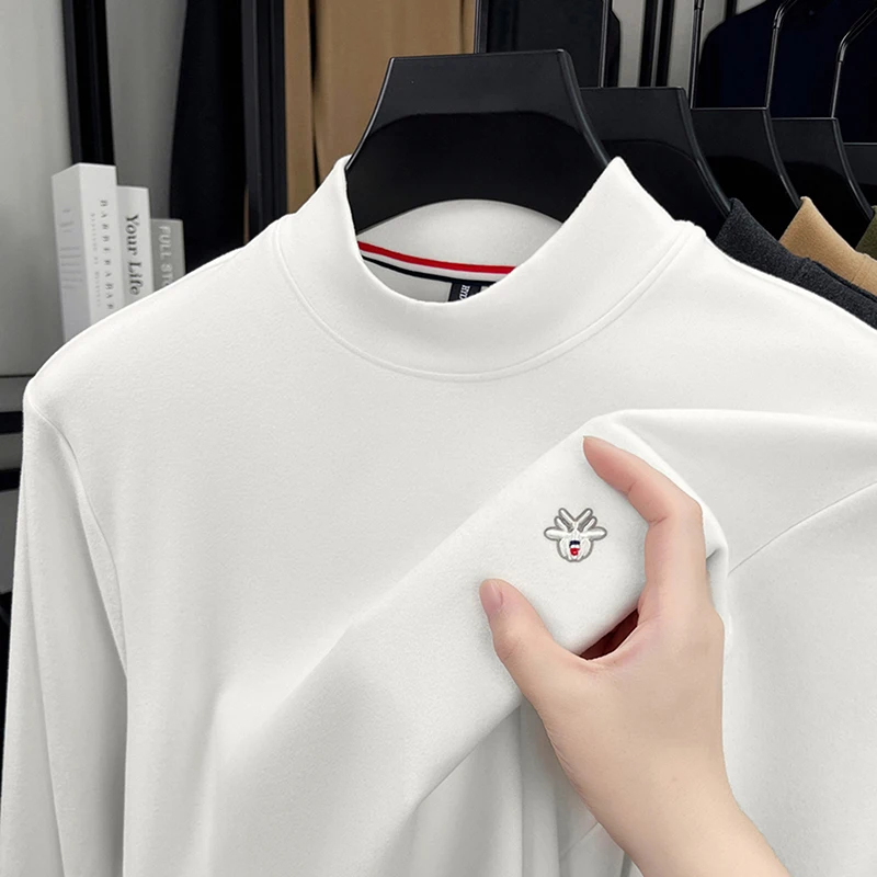 High-End Brand Men's Velvet Fleece T-Shirt Mock Neck Embroidery Autumn Long Sleeves Base Layer Base Layer Leisure Exquisite Tops