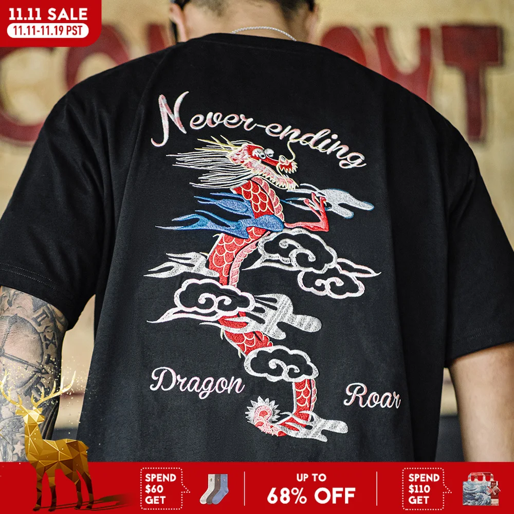 

Maden Retro Heavy Industry Embroidered T-shirt 270g/m² Cotton Short-sleeved Black Tee for Men's Summer Crew Neck Tops