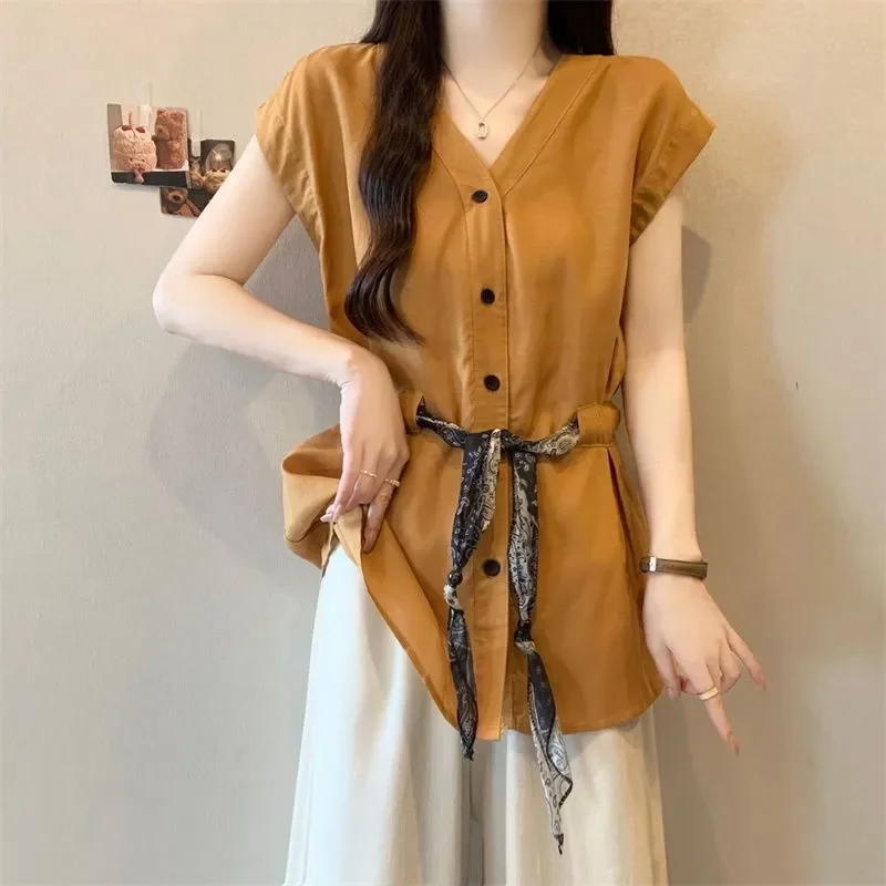 

Women's Fashion V-Neck Solid Button Tie Casual T-Shirt Summer New Korean Top