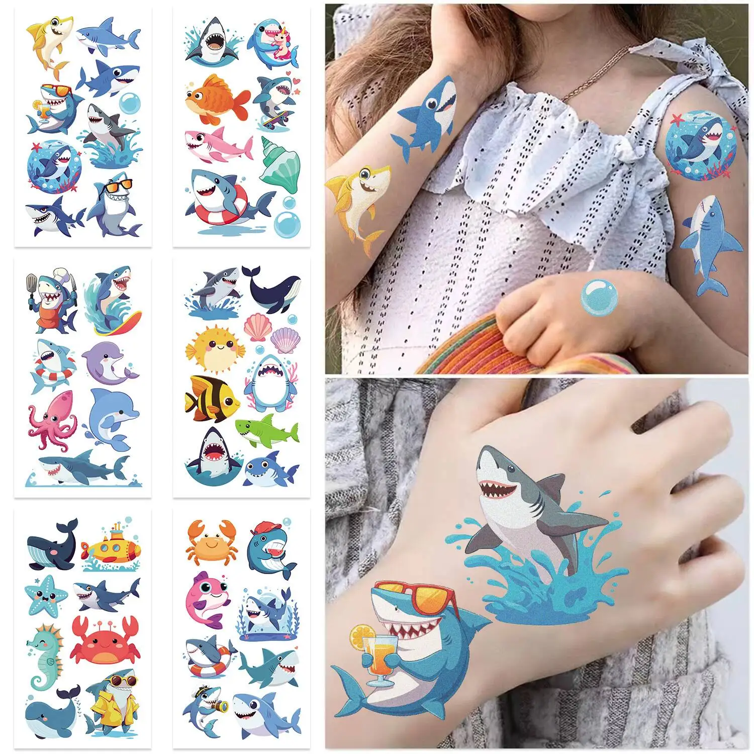 ：Cute Shark Marine Life Temporary Tattoos For Kids Waterproof Non-Toxic Ocean Animal Stickers With Sharks Fish Crabs Seahorses