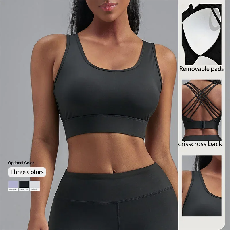 PofyBofy Sexy Crisscross Back Closure Yoga Strappy V Neck Sports Bra Criss Cross Back Wireless Removable Padded Workout Yoga Bra