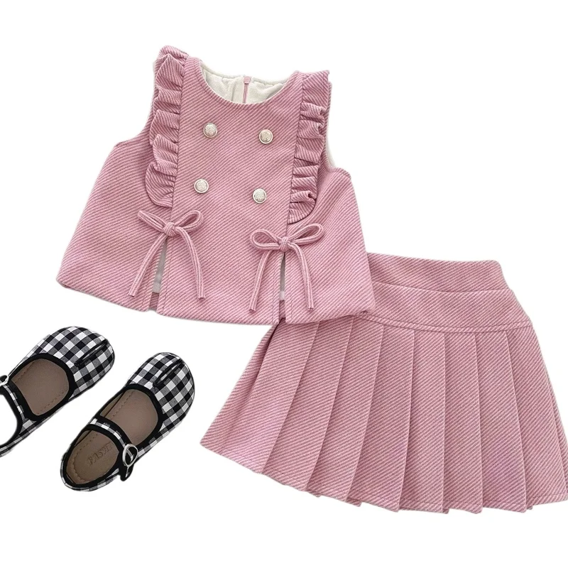 Girls' Velvet Vest+pleated Short Skirt Two Piece Set Girls' Vest Suit Winter New Style Small Fragrant Style