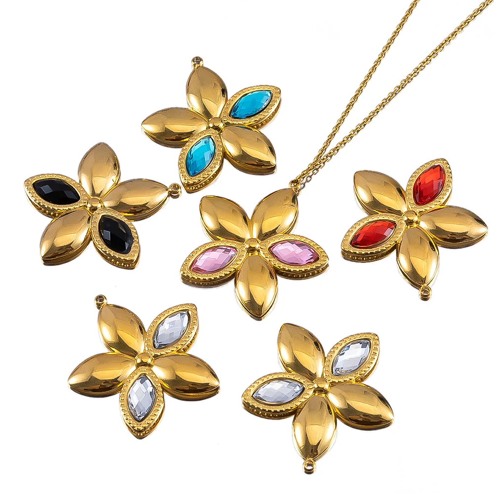 

1/5pcs Stainless Steel Vacuum Plated Inlaid Rhinestones Five Petal Flower Pendant For Diy Jewelry Accessories Clothing Materials