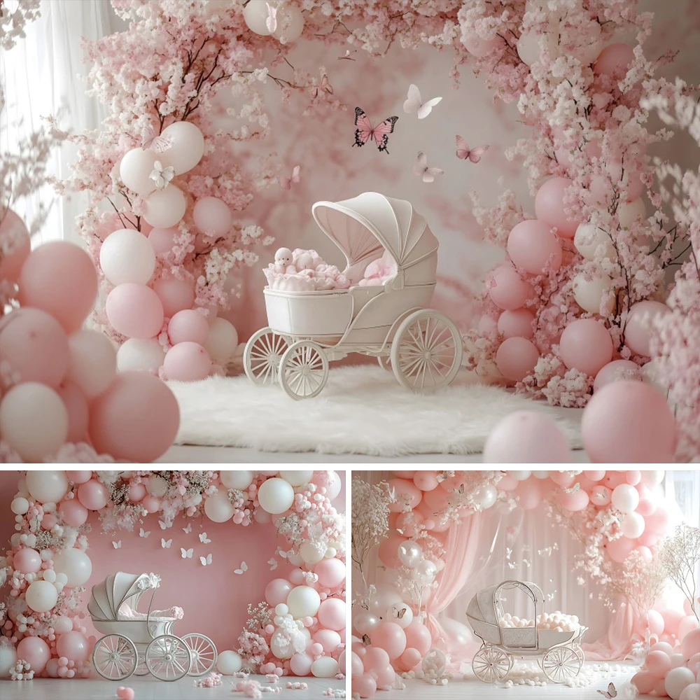 

Girl Baby Shower Backdrops Pink Floral Butterfly Newborn Birthday Party Decorations Cake Table Decor Photography Backgrounds