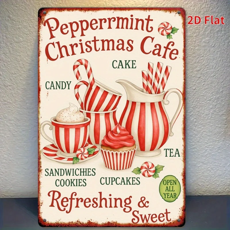 [ Christmas Wall Art]  Christmas Cafe Metal Wall Art -    Rustic Iron Sign with Peppermint Theme, 