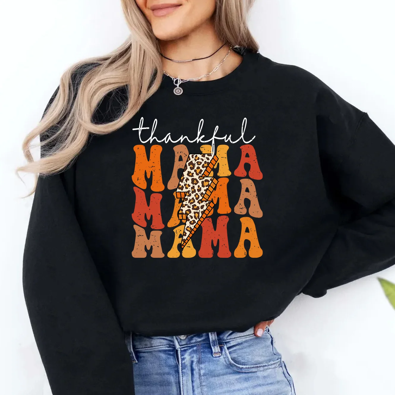 Thankful Mama Thanksgiving Retro Cheetah Leopard Bolt Autumn/Winter O-Neck Letter Printed Cotton Casual  Women Sweatshirts Long