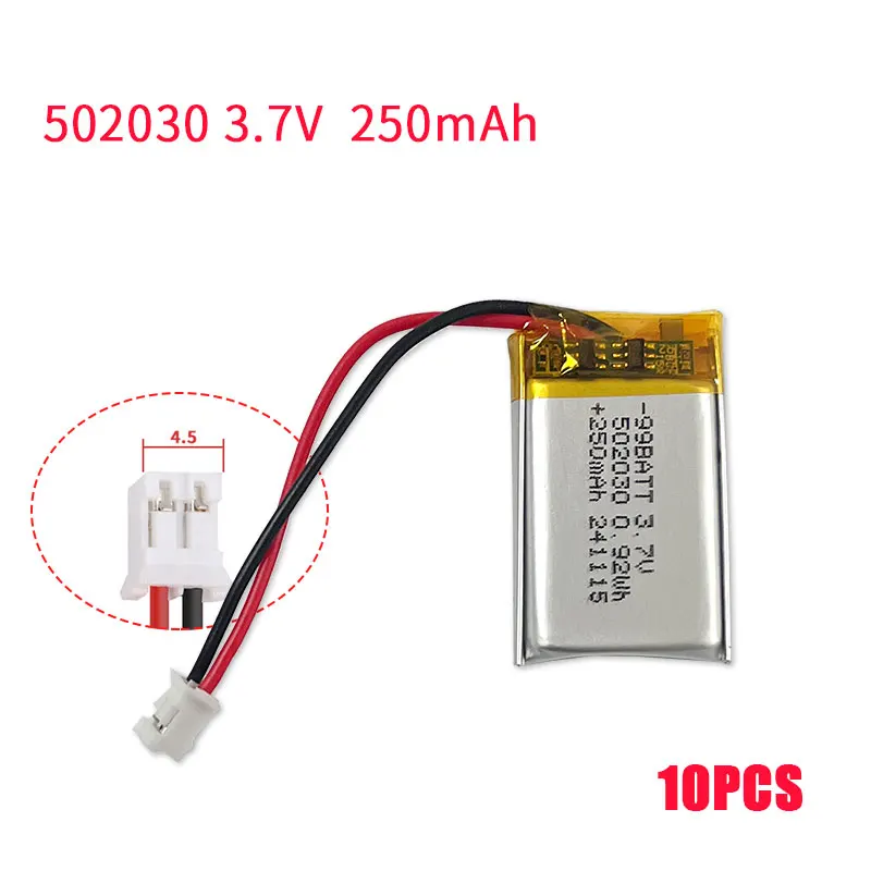 

10 Pcs 3.7V 250mAh Lithium Polymer Battery 502030 052030 Lipo Battery for Smart Watch Bluetooth Headset Speaker Wireless Mouse