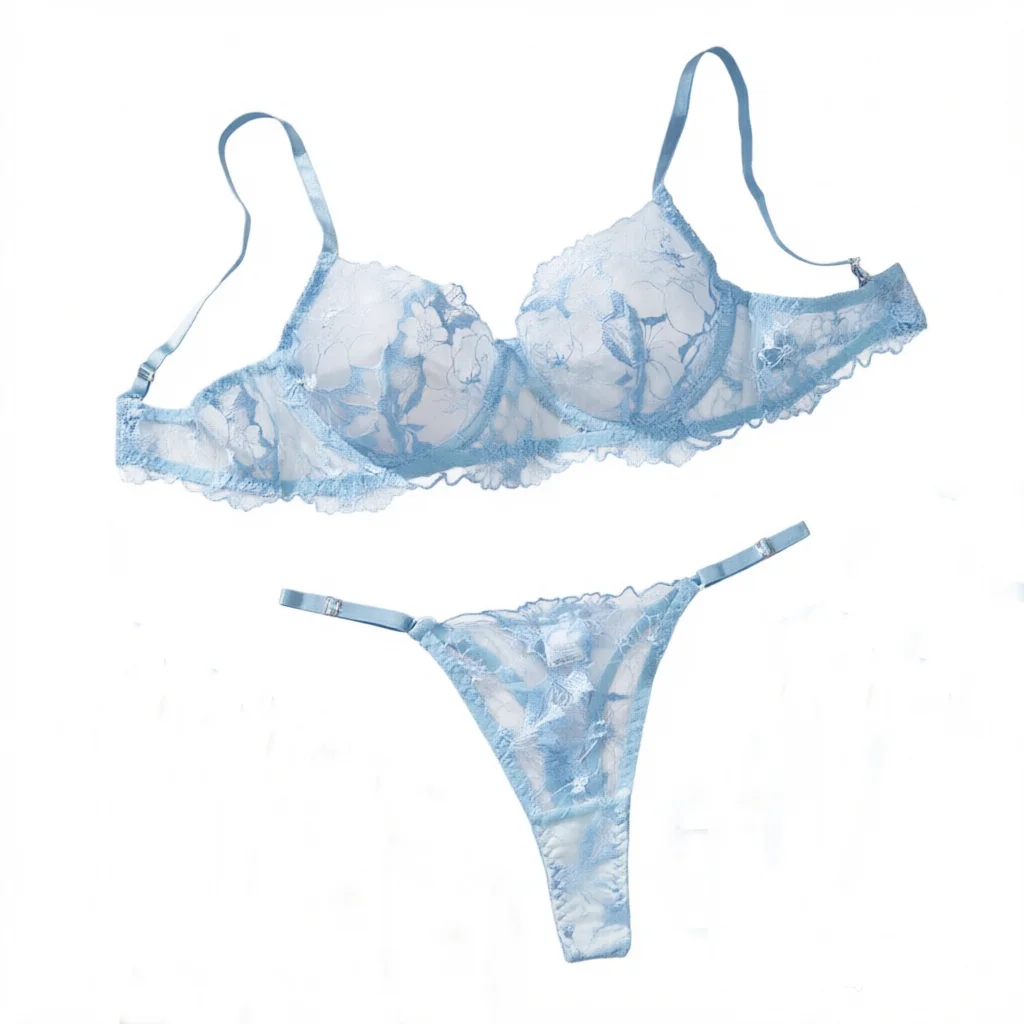 Transparent Underwear Thong New Fashion Sexy Lingerie Set Embroidery Romantic Bra Brief Set Lace See Through Blue Exotic Sets