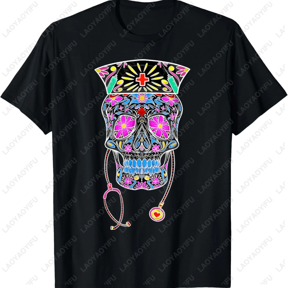 Hallowmas Funny Nurse Sugar Skull Colorful Printed T-shirt Tops Gift Men Clothing Street Fashion Clothes for Women T Shirt Tops