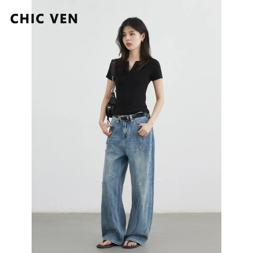 

Женские футболки CHIC VEN, корейские повседневные однотонные трикотажные футболки с v-образным вырезом и короткими рукавами, женские черные топы, новинка весны и лета 2025