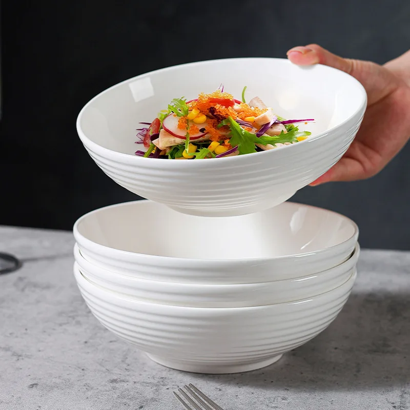 1‑4Pcs 7 Inch White Horizontal Stripe Ceramic Bowl Round Noodle Bowl Microwave Safe Household Commercial Tableware
